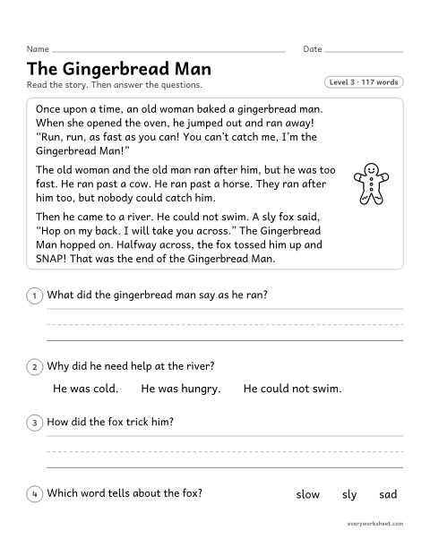Preview of the printable “The gingerbread Man: reading passage for 1st grade” worksheet: reading a folk tale and describing characters and events