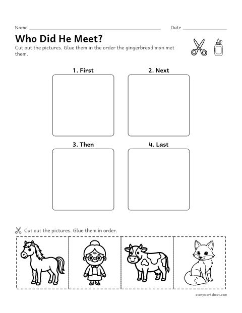 Preview of the printable “Gingerbread man Sequencing: cut and paste” worksheet: retelling a story in order