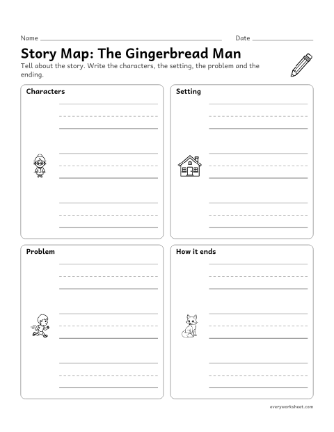 Preview of the printable “Gingerbread man story elements graphic organizer” worksheet: describing characters, setting and major events in a story