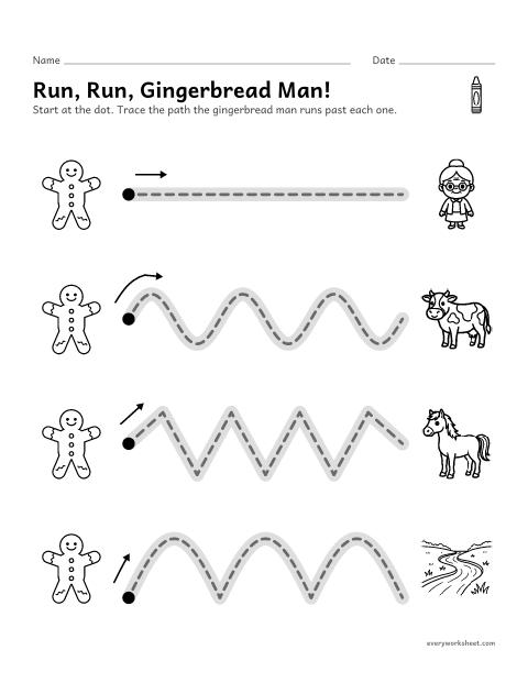 Preview of the printable “Gingerbread man trace the path” worksheet: tracing straight, wavy, zigzag and arched paths