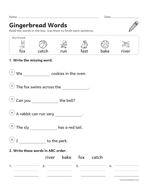 Preview of the printable “Gingerbread man vocabulary words” worksheet: using story words in sentences and putting words in ABC order