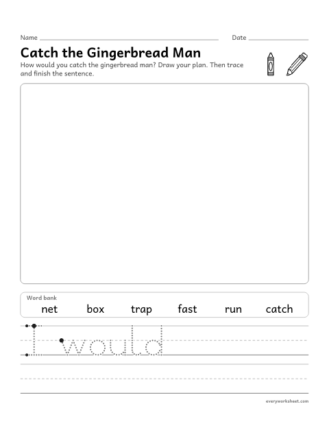 Preview of the printable “Gingerbread man writing prompt for kindergarten” worksheet: drawing and writing to tell an idea
