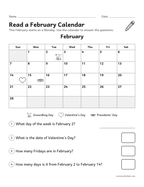 Preview of the printable “February calendar worksheet” worksheet: reading a calendar: days of the week, dates and counting days