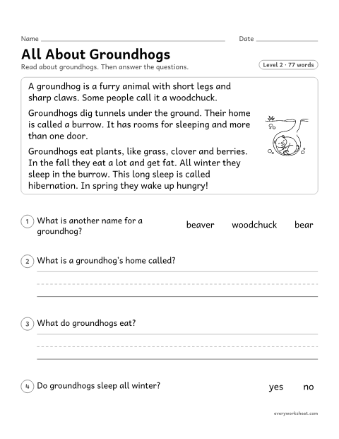Preview of the printable “All about Groundhogs: nonfiction reading passage” worksheet: reading a nonfiction passage and answering questions about key details