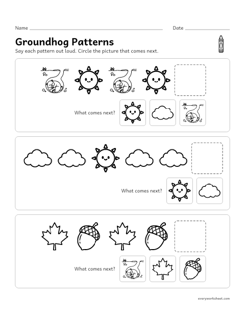 Preview of the printable “Groundhog day Patterns: what comes Next?” worksheet: finishing AB and AAB picture patterns