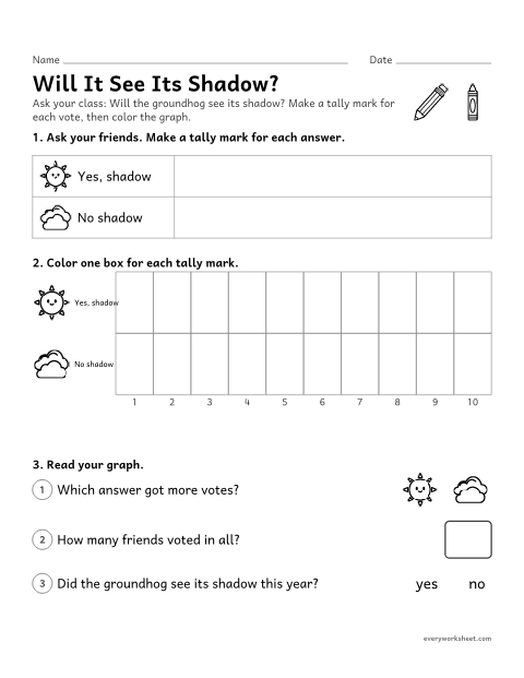 Preview of the printable “Groundhog day prediction class graph” worksheet: collecting votes and showing them on a graph