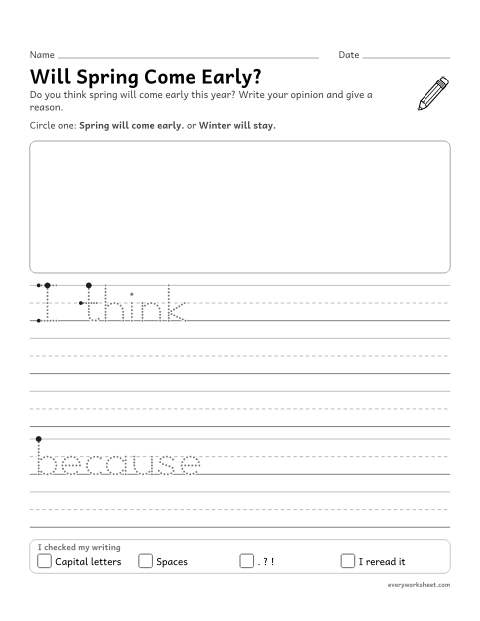 Preview of the printable “Groundhog day opinion writing prompt” worksheet: writing an opinion with a reason