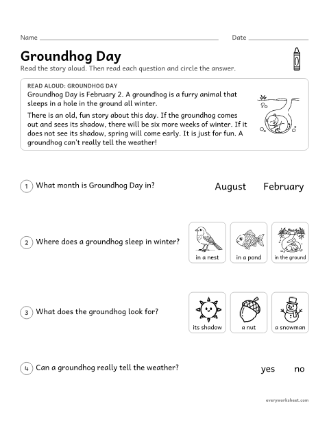 Preview of the printable “Groundhog day Read-Aloud for kindergarten” worksheet: listening to facts about Groundhog Day and answering questions