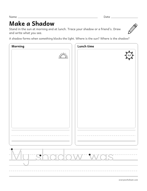 Preview of the printable “Shadow Investigation: groundhog day science” worksheet: observing that shadows form when an object blocks light