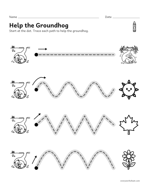 Preview of the printable “Groundhog trace the path” worksheet: tracing straight, wavy, zigzag and arched paths