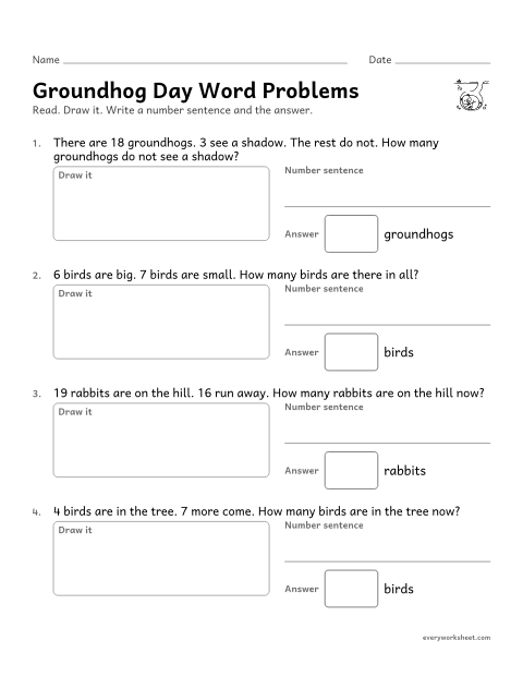 Preview of the printable “Groundhog day word problems” worksheet: solving Groundhog Day add and take away word problems within 20