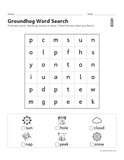 Preview of the printable “Groundhog day word search for kindergarten” worksheet: finding and reading short words