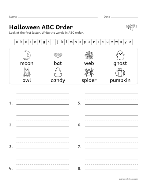 Preview of the printable “Halloween ABC order” worksheet: putting Halloween words in ABC order by the first letter