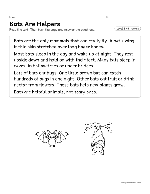 Preview of the printable “Bats are helpers” worksheet: telling the main topic and key details of a nonfiction text about bats