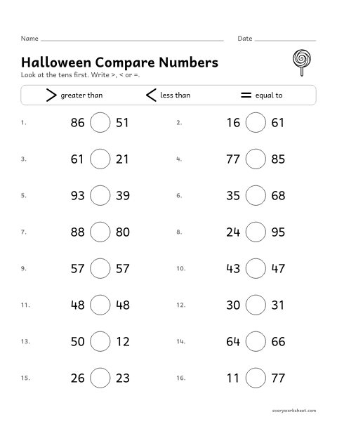 Preview of the printable “Halloween compare numbers” worksheet: comparing two-digit numbers with >, < and =