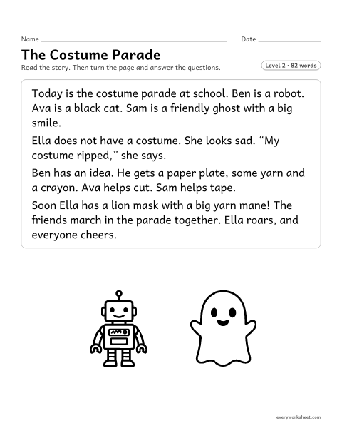 Preview of the printable “The costume parade” worksheet: describing the characters, problem and events of a Halloween story