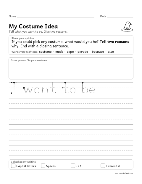 Preview of the printable “My costume idea” worksheet: writing an opinion with a reason and a closing