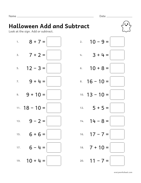 Preview of the printable “Halloween add and subtract” worksheet: adding and subtracting within 20