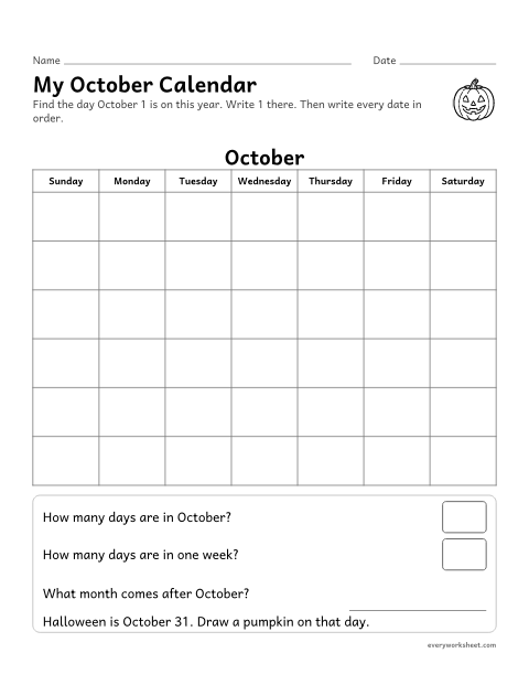 Preview of the printable “My october calendar” worksheet: writing the numbers 1 to 31 on a calendar and reading dates
