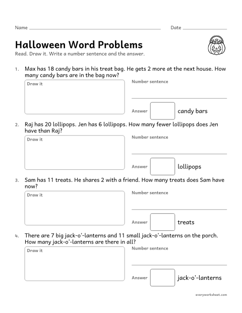 Preview of the printable “Halloween word problems” worksheet: solving Halloween word problems within 20