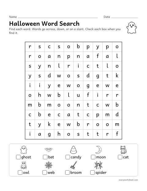 Preview of the printable “Halloween word search” worksheet: finding and reading Halloween words by their spelling
