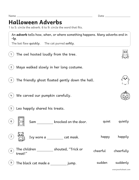 Preview of the printable “Halloween adverbs” worksheet: finding adverbs and choosing between an adjective and an adverb