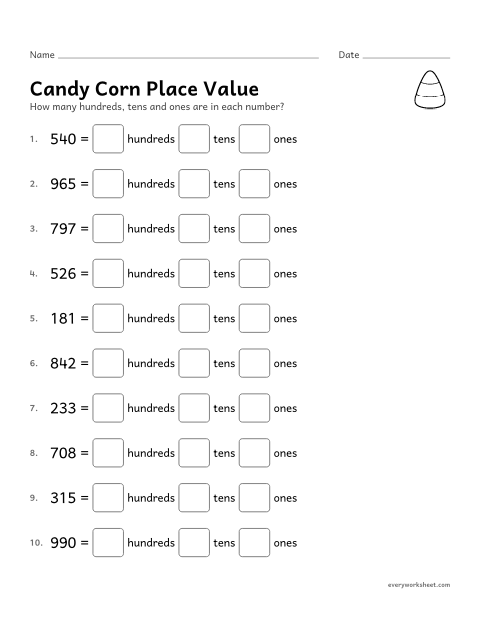 Preview of the printable “Candy corn place value” worksheet: breaking three-digit numbers into hundreds, tens and ones