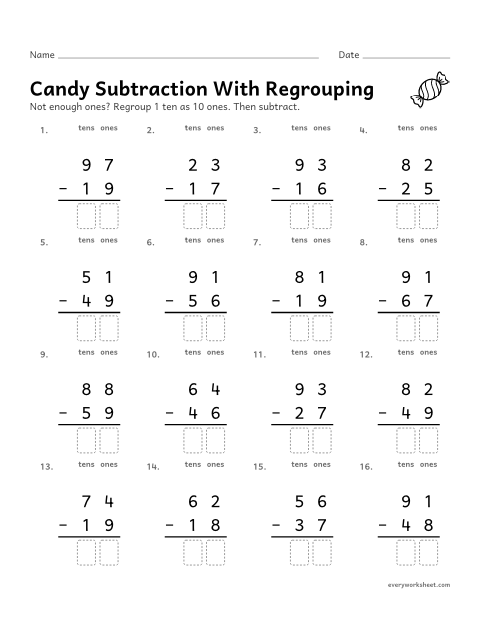 Preview of the printable “Candy subtraction with regrouping” worksheet: subtracting two-digit numbers with regrouping