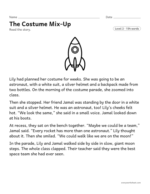 Preview of the printable “The costume Mix-Up” worksheet: reading a Halloween story and describing how the characters respond to a problem