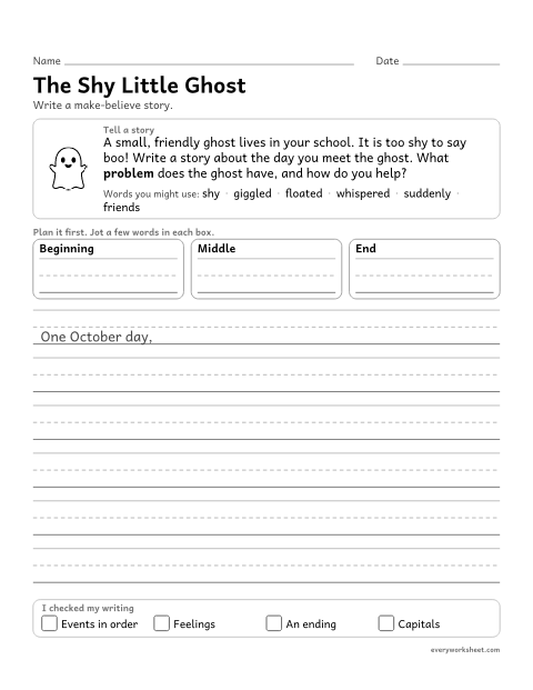 Preview of the printable “The shy little ghost” worksheet: writing a Halloween story with a problem, events in order and an ending
