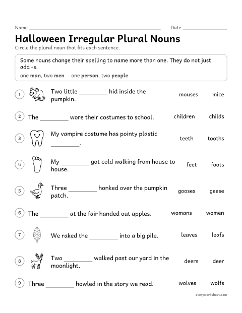 Preview of the printable “Halloween irregular plural nouns” worksheet: choosing irregular plural nouns such as mice, teeth, feet and geese