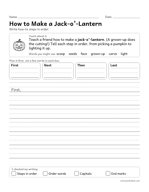 Preview of the printable “How to make a Jack-o'-Lantern” worksheet: writing how-to steps in order with order words