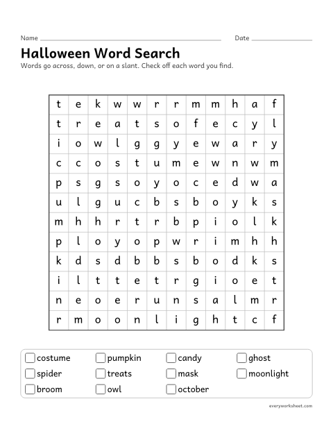Preview of the printable “Halloween word search” worksheet: reading and finding Halloween words in a letter grid