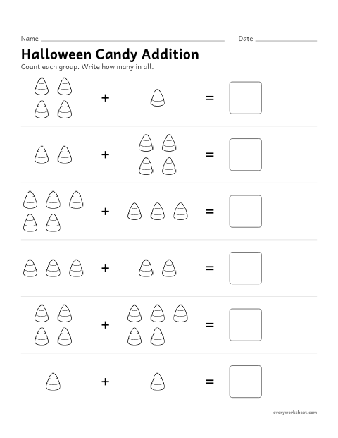 Preview of the printable “Halloween candy addition” worksheet: adding two groups of pictures within 10