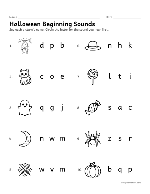 Preview of the printable “Halloween beginning sounds” worksheet: hearing the first sound in a word and finding its letter