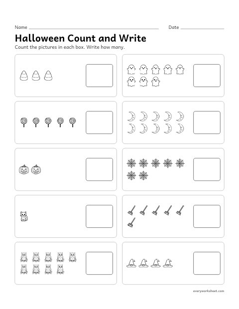 Preview of the printable “Halloween count and write” worksheet: counting groups of 1 to 10 and writing how many