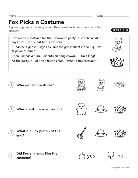 Preview of the printable “Read Aloud: fox picks a costume” worksheet: listening to a story and answering questions about key details