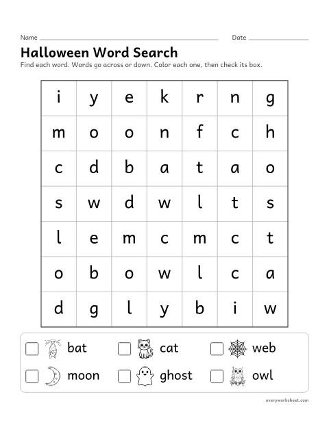 Preview of the printable “Halloween word search” worksheet: finding seasonal words by their letters