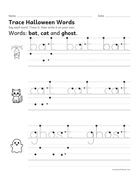 Preview of the printable “Trace halloween words” worksheet: tracing and writing Halloween words