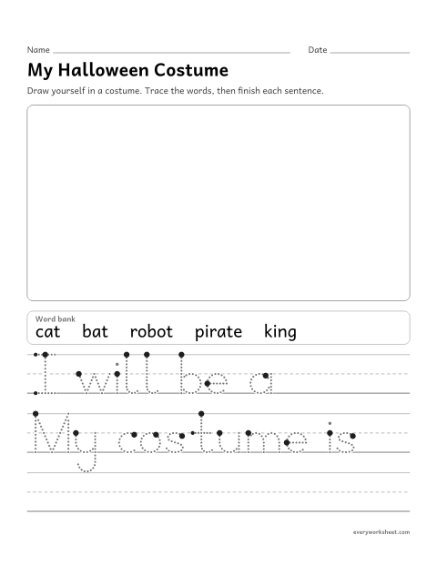 Preview of the printable “My halloween costume writing prompt” worksheet: drawing and writing about a costume
