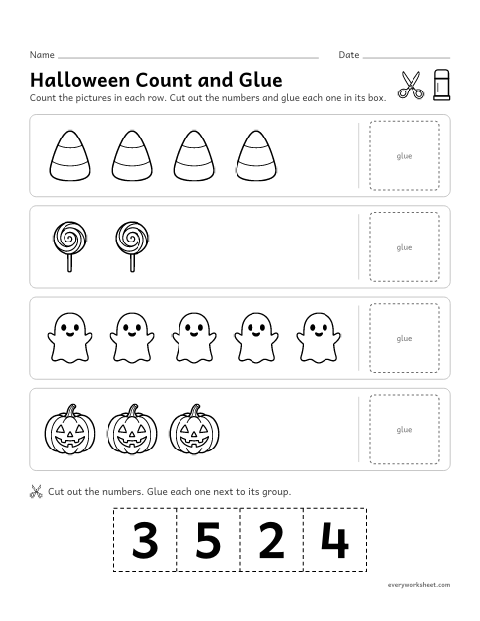 Preview of the printable “Halloween count and glue” worksheet: counting Halloween pictures to 5 and gluing the matching number