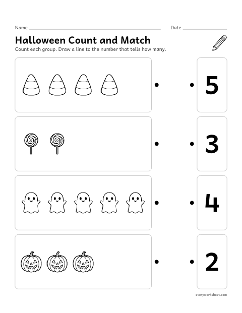 Preview of the printable “Halloween count and match” worksheet: matching groups of 1 to 5 Halloween pictures to numbers