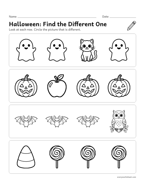 Preview of the printable “Halloween: find the different one” worksheet: finding the one Halloween picture that is different
