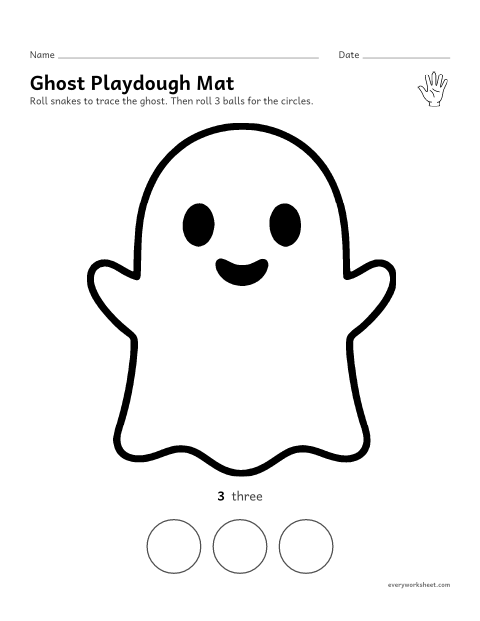 Preview of the printable “Ghost playdough mat” worksheet: rolling and pressing playdough along a big ghost outline