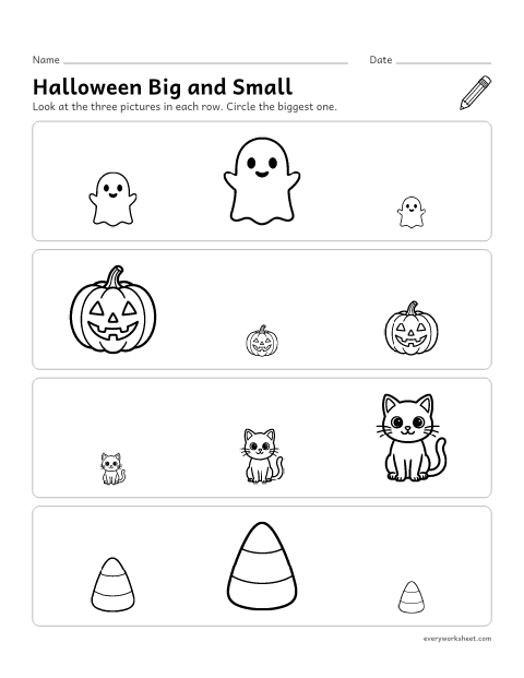 Preview of the printable “Halloween big and small” worksheet: finding the biggest of three Halloween pictures