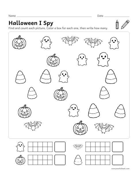 Preview of the printable “Halloween I spy” worksheet: finding and counting Halloween pictures to 10