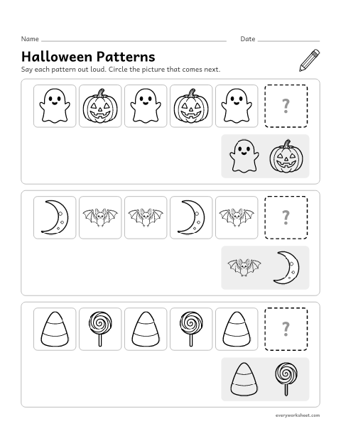 Preview of the printable “Halloween patterns” worksheet: finishing AB and ABB Halloween picture patterns
