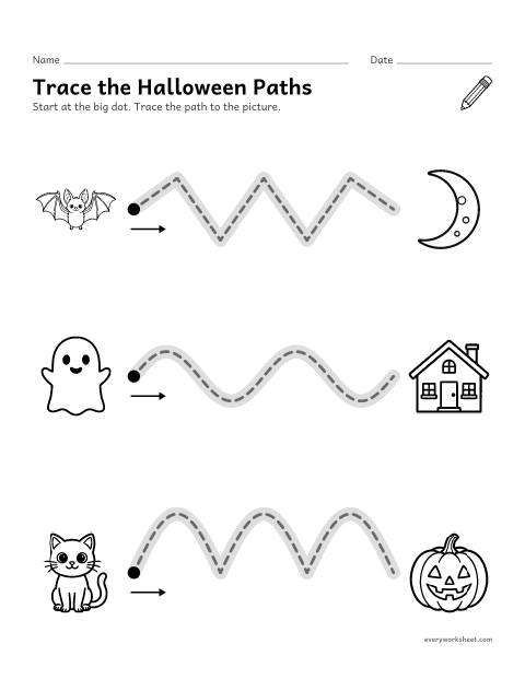 Preview of the printable “Trace the halloween paths” worksheet: tracing zigzag, wavy and arched paths from left to right
