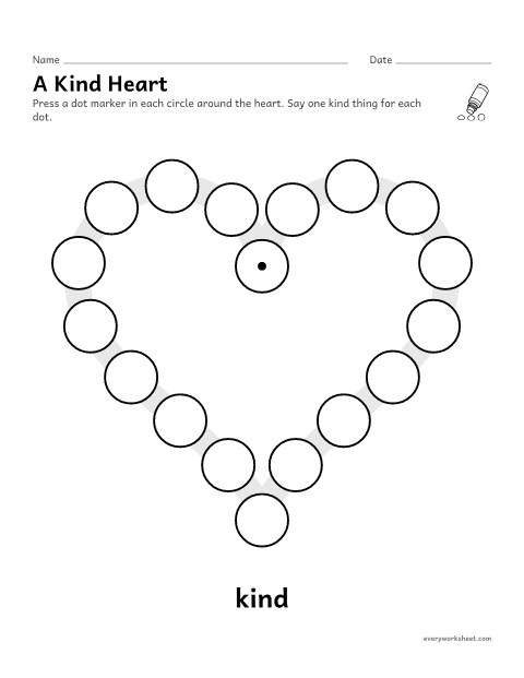 Preview of the printable “Kind heart dot marker page” worksheet: using a dot marker with control around a heart