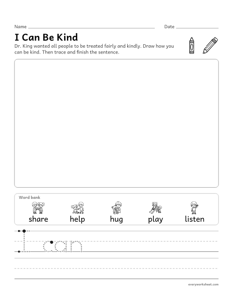 Preview of the printable “I can be Kind: MLK day writing for kindergarten” worksheet: drawing and writing to tell about being kind